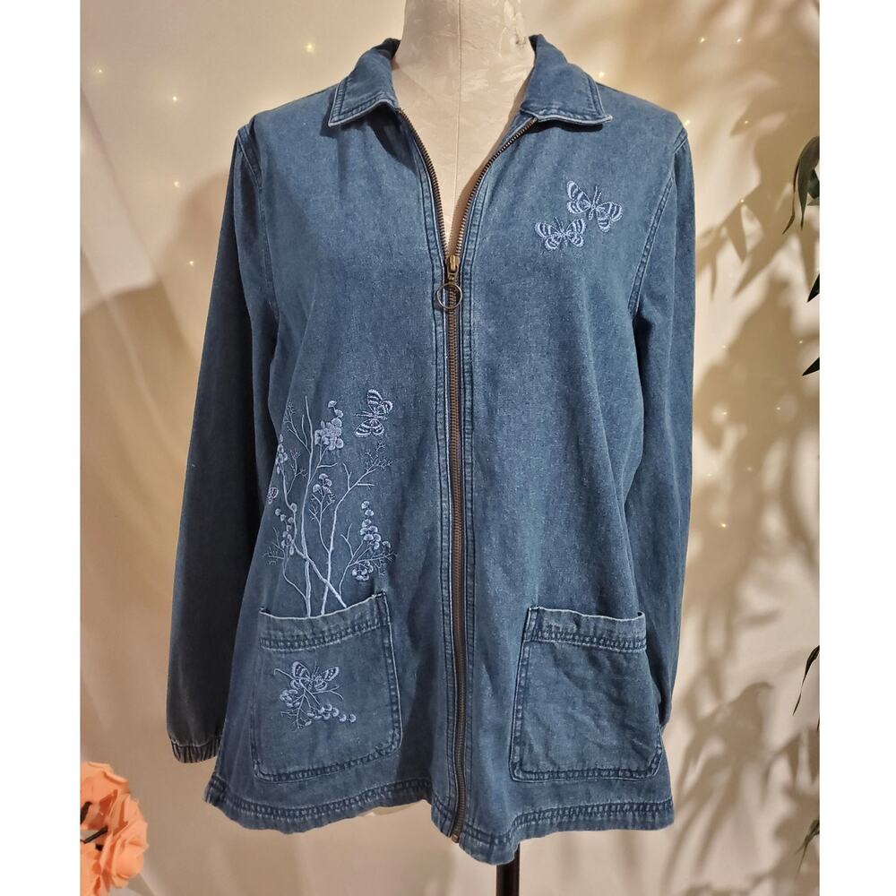 Vtg Basic Editions Embroidered Butterfly Full Zip Denim Jacket Size L 90s Y2K
